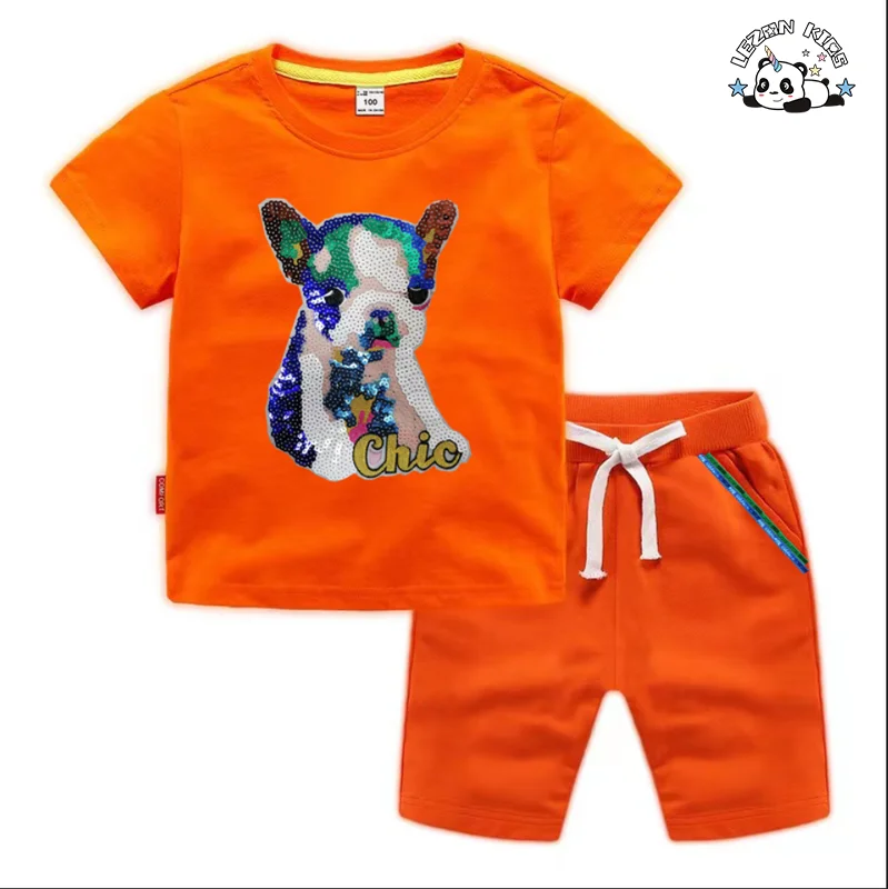 LEZONKIDS - Customized Summer Children's Clothing Sequined Sets for Daily Wear Cotton Boys Clothing Sets